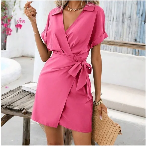 C Solid Surplice Batwing Sleeve Side Tie Dress - Picture 6 of 8